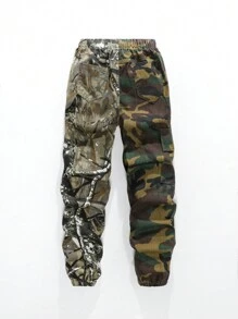 SHEIN Tween Boy Spring Autumn Street Cool Kids Super Bow Wear Contrast Camouflage Multi Pocket Jogger Cargo Jeans, With Comfy Drawstring Waist