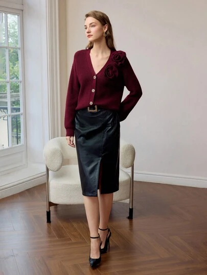 MOTF PREMIUM SOLID STEREO FLOWER DETAIL V-NECK DROP SHOULDER OVERSIZE CARDIGAN