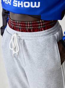Manfinity VCAY Herren gestrickte Mode Lässig Loose 2 in 1 Fake Karomuster Taille Kopf gerade Hose, geeignet für junge Leute Alltags Tragen - Hellgrau - Übersicht 2