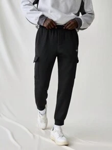 Manfinity VCAY Men's Knitted Fashion Casual Loose Solid Color Multi-Pockets Elastic Waist Long Pants - Black - View 3