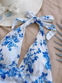 Soleia Vacation Women's Blue & White Floral Print Halter Backless Bowknot Asymmetrical Hem Ruffle Hem Dress,Fall&Winter Women Clothes,Thanksgiving Women Outfit,Christmas Women Clothes,Christmas Party Dress,Christmas Dress,Princess Women Costume,Thanksgiving Dress,Hot Pink Dress,Holiday Dress,Greek Goddess Dress,Hippie Women Clothes,Fairy Core,Fairy Dress,Summer Dresses For Women