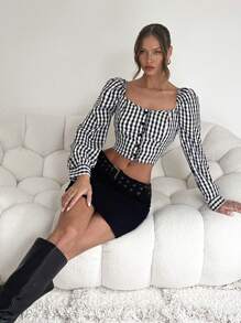 Calvaya Puff Sleeve Cropped Plaid Shirt, Casual Autumn