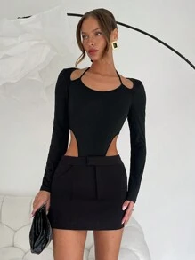 Chiquease Square Neck Solid Color Tight-Fitting Knitted Bodysuit, Sexy Hollow-Out Design For Women, Autumn/Winter