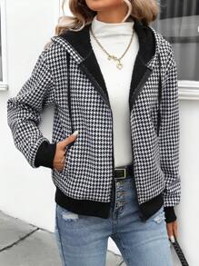 SHEIN LUNE 2024 Autumn Winter New Arrival Women's Houndstooth Fuzzy Zip Up Hooded Jacket Sweatshirt