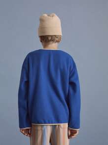 SHEIN Tween Boys Casual Daily Jacket With Embroidery Pattern, Contrast Color Pocket, Blue Fleece, Suitable For Autumn & Winter - Blue - View 2