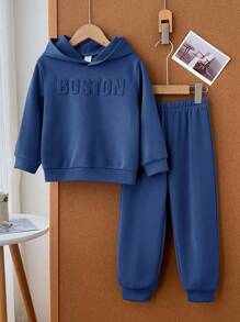 2 sztuki/zestaw dla młodych chłopców, casualowe, słodkie, codzienne, wygodne, podniesione, angielskie litery, jednolity kolor, dzianinowa, szara bluza z kapturem i spodnie, odpowiednie do podróży, szkoły, codziennych spotkań, jesień/zima