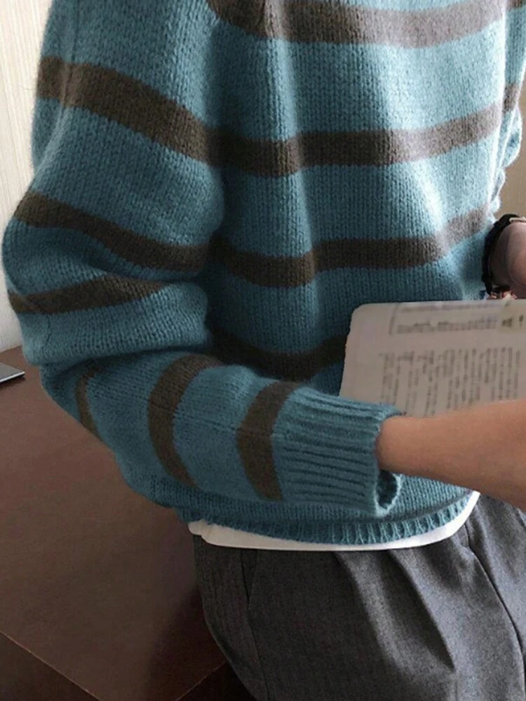 Women's Casual Contrast Color Stripe Raglan Sleeve Sweater, Autumn/Winter,Long Sleeve Tops