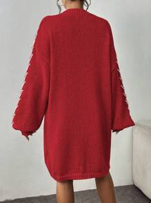 Chiquease Mock Necked Casual And Slouchy Women's Sweater Dress With Button Rope Design - Red - View 2
