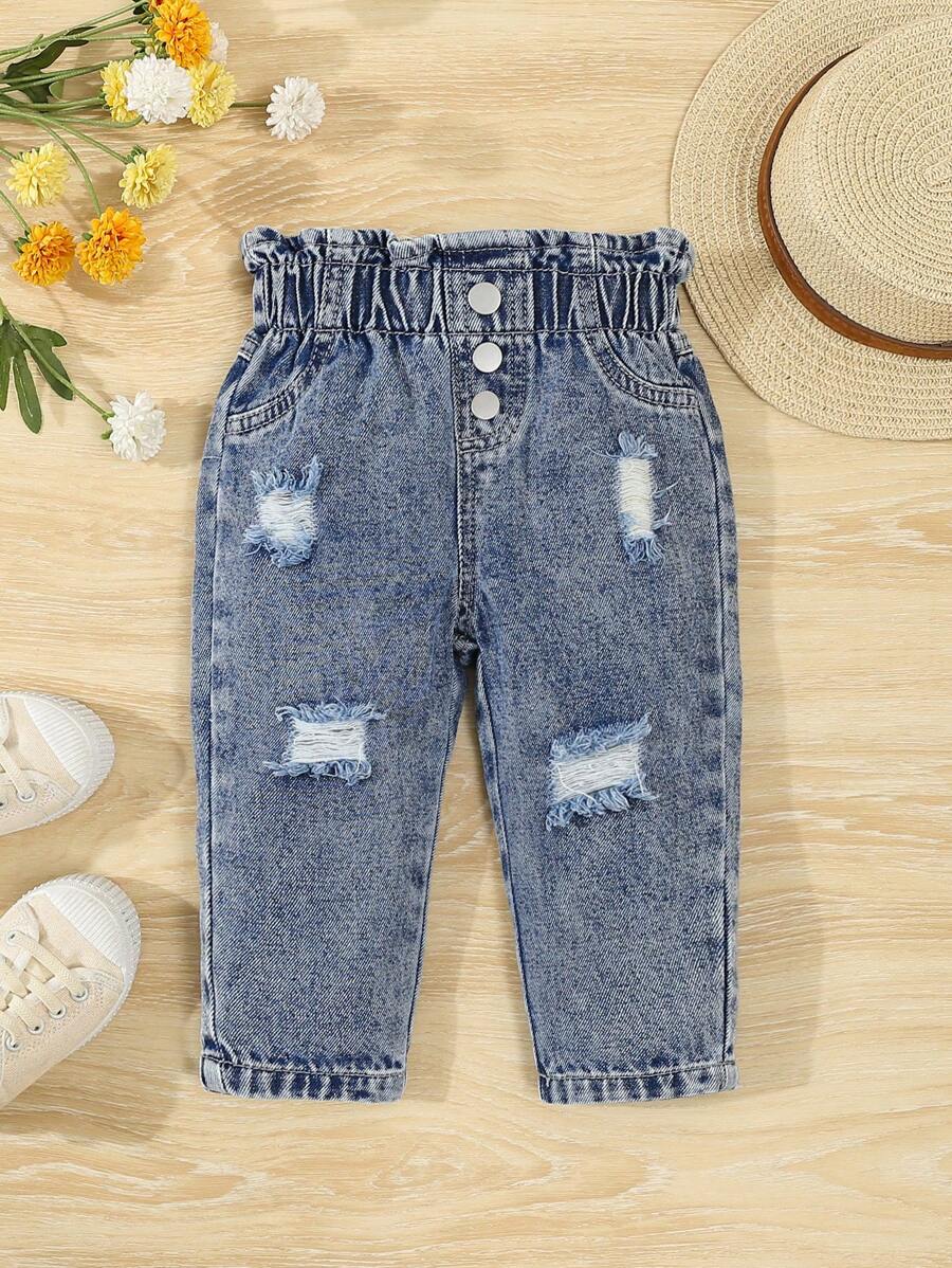 SHEIN Vintaside Kids 女童休闲舒适街头风格破洞碎花腰牛仔裤 - 中等水洗藍 - 查看 1