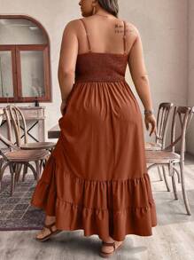 SHEIN LUNE Plus Size Solid Color Hollow Out Ruffle Hem Spaghetti Strap Dress Maxi Women Outfit