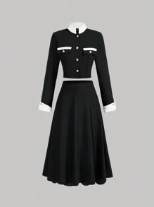 SHEIN MOD Áo cánh phối màu có cổ và tay áo đen trắng, kết hợp với chân váy midi xếp ly dài, bộ vest thanh lịch theo phong cách cung điện cổ điển - màu đen - Xem 1