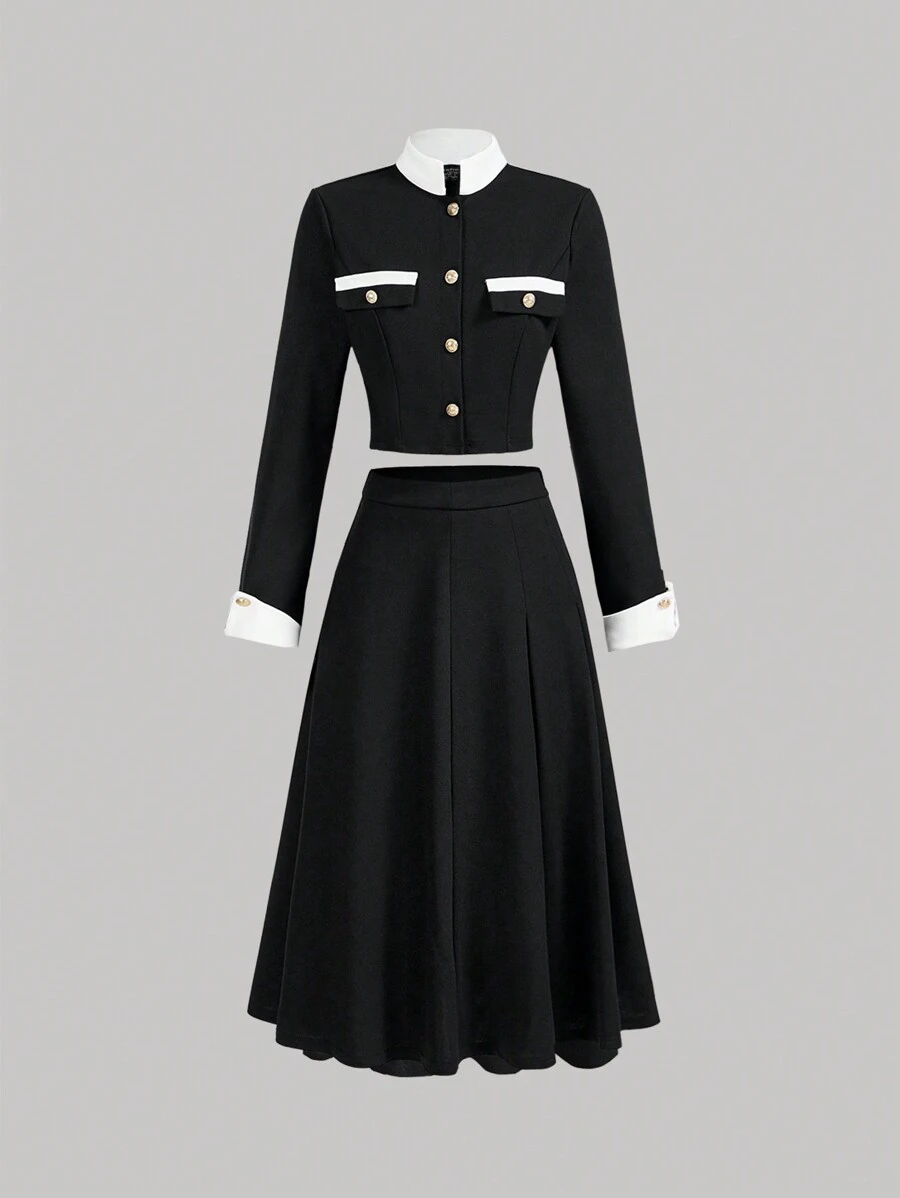 SHEIN MOD Áo cánh phối màu có cổ và tay áo đen trắng, kết hợp với chân váy midi xếp ly dài, bộ vest thanh lịch theo phong cách cung điện cổ điển - màu đen - Xem 1