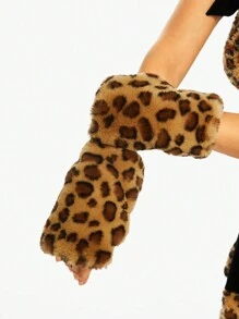 ROMWE J-Fashion 1 双朋克豹纹手套，Y2K 毛绒保暖冬季手套