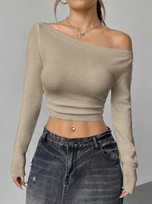 Flirla Minimalist Casual Versatile Women's Asymmetric Neckline Long Sleeve Sweater
