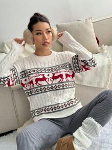 女式圣诞休闲驯鹿几何图案毛衣 - 白色 - 查看 5