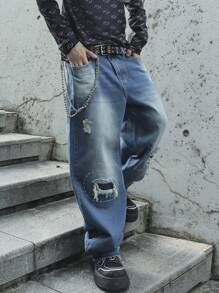 Manfinity EMRG Men's Pocket Ripped Straight Loose Casual Baggy Jeans - Light Wash - View 3