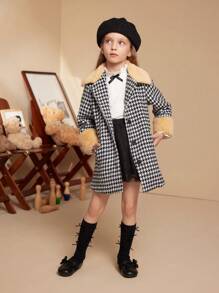 PrepCrw Young Girls Houndstooth Print Pocket Front Button Elegant Winter Long Sleeve Coat