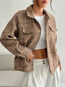 Flirla Women's Casual Vintage Plaid Fleece Button-Up Jacket, Autumn