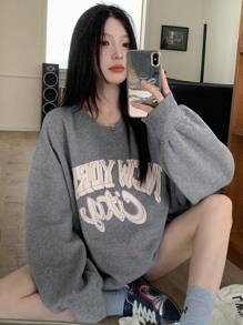 DAZY 女式保暖印花圆领长袖卫衣（秋冬款） - 灰色 - 查看 5