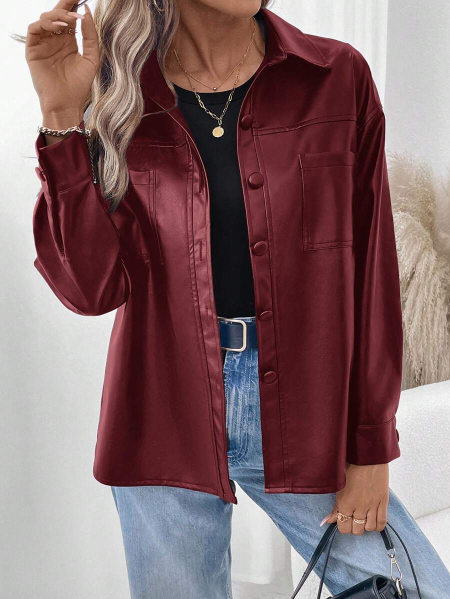 SHEIN LUNE 1pc Women's Black PU Leather Street Rock Casual Fashionable Long Sleeve Regular Jacket, Autumn/Winter - Burgundy - View 1