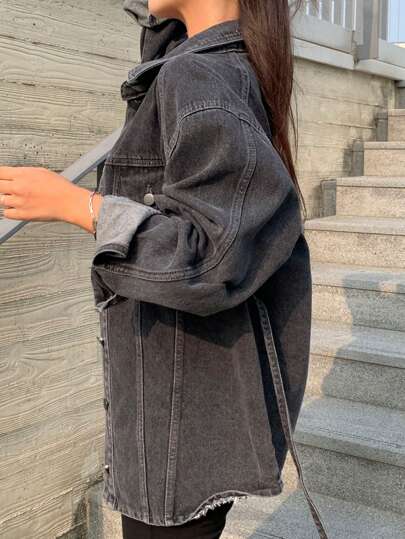 DAZY جينز نسائي مغسول بشكل مشوه وفضفاض مع تقسيم الذيل، ملابس خريفية، جاكيت جينز بأكمام طويلة للنساء