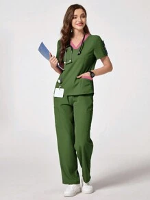 TaskEZ Bộ đồng phục quần áo sơ mi và quần tây tối giản chắp vá tay ngắn màu trơn - xanh quân đội - Xem 9