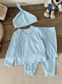 SHEIN 3 pièces Ensemble de pyjama bébé garçon mignon et simple avec pantalon et chapeau à col oblique, manches longues, doux, confortable et respectueux de la peau