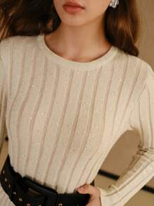 MOTF STUDIO 纯色罗纹针织毛衣 & 针织裙套装 - 杏色 - 查看 3