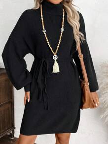 EMERY ROSE Vestido de suéter con cuello alto, cinturón en la cintura y unicolor, informal, para otoño/invierno