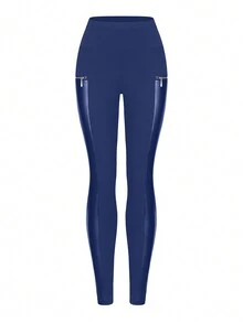 Trioutop Women's Solid Color Slim Fit Leggings - Blue - View 6