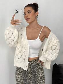 SHEIN Unity 女士纯色落肩长袖镂空休闲宽松开衫，秋季 - 米色 - 查看 6