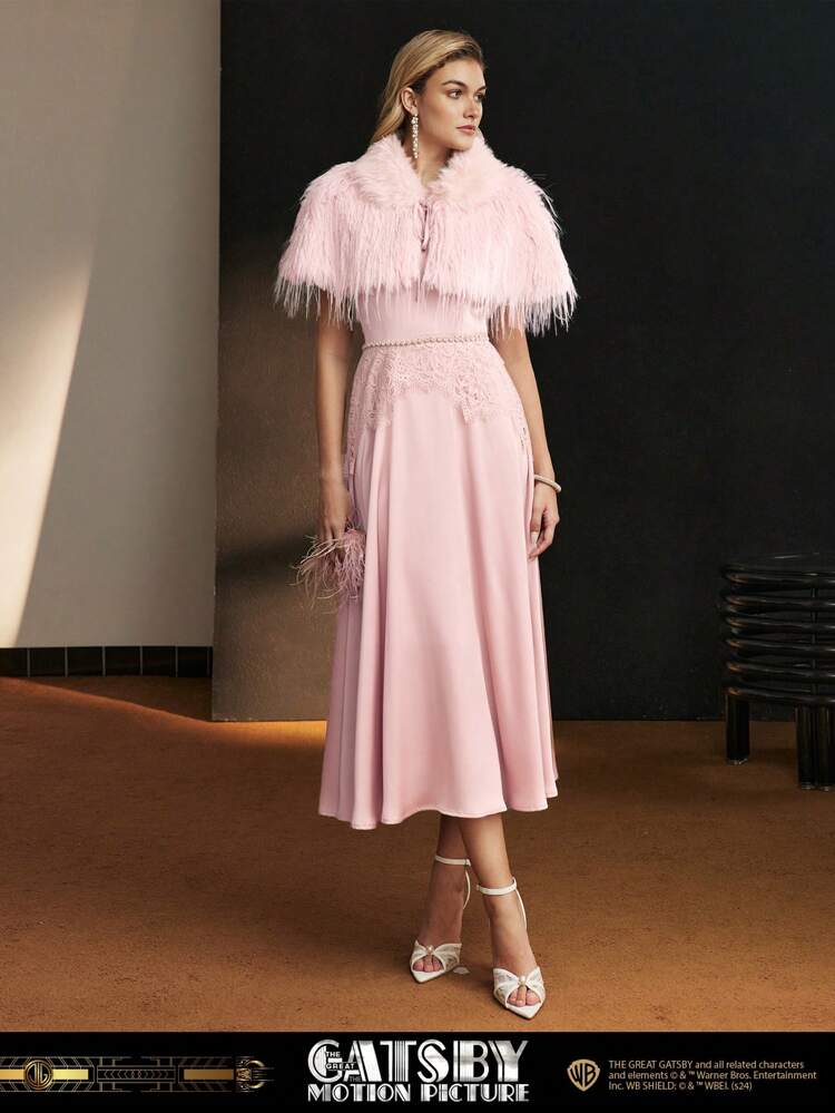 The Great Gatsby x MOTF FAUX PEARL V-NECK LACE PANEL FLARE HEM DRESS WITHOUT FUZZY CAPE