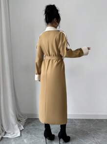 Elenzga Women Casual Elegant Double Breasted Long Colorblock Overcoat, Autumn Fall Cloth For Women - Khaki - View 2