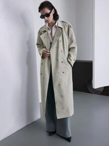 Ontre 2025 新款春季刺绣花卉浅卡其色女式风衣，中长款冬季女式外套 - 灰色 - 查看 12