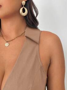 SHEIN Frenchy 大码黑色亚麻面料 V 领衬衫 纽扣开衩 简约时尚 适合婚宴 日常通勤 休闲修身无袖背心 法式风 老款 - 卡其色 - 查看 5