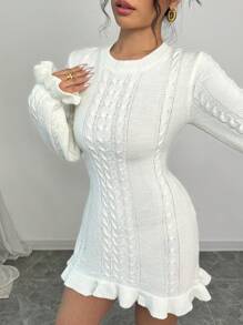 Elenzga Women Casual Solid Color Ruffled Hem Fitted Mini Sweater Dress, Autumn/Winter