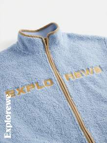 SHEIN Teen Boy Casual Letter Embroidered Zip-Up Raglan Loose Jacket, Fall/Winter - Blue - View 4