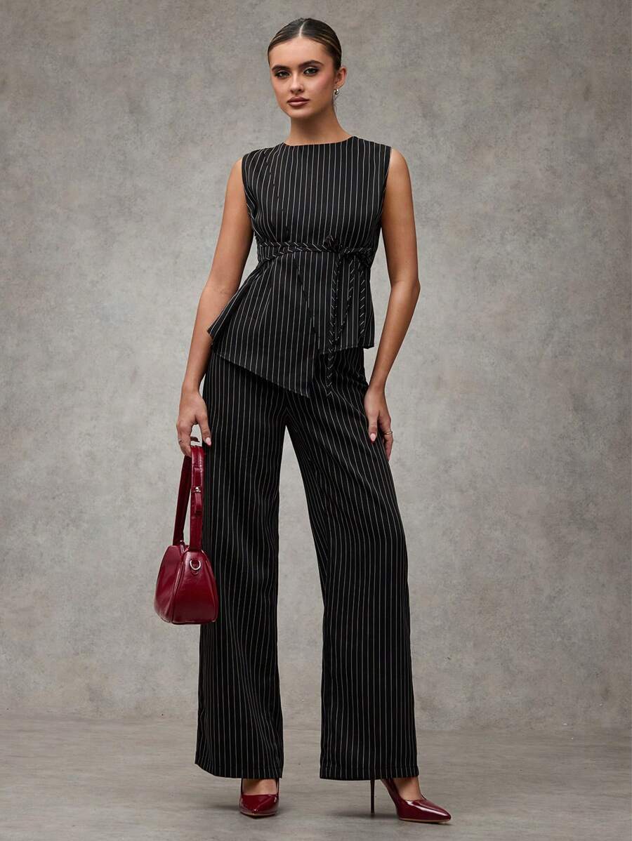 SHEIN BAE Casual Commuting Striped Asymmetric Hem Sleeveless Top And Pants 2 Pieces Set - Black - View 1