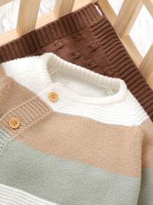 女婴休闲拼色条纹针织连体衣，秋冬 - 彩色 - 查看 4