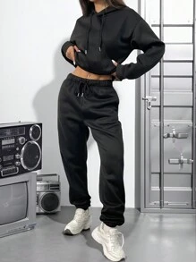 INAWLY 2 件女式休闲纯色落肩宽松袋口袋抽绳连帽衫和慢跑运动裤套装，春秋季 - 黑色 - 查看 6