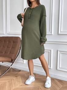 SHEIN Dropped Shoulder Round Neck Button Front Maternity Long Sleeve Dress, Autumn Ladies Dress - Green - View 3
