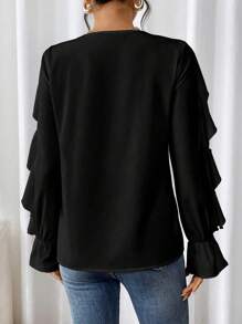 SHEIN Clasi Women Autumn Elegant Solid Color Ruffle Trim Collar & Cuff Blouse Fall Cloth For Women - Black - View 2