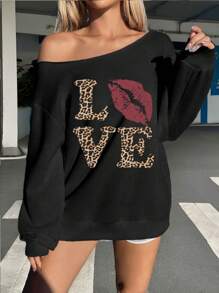 SHEIN EZwear Áo nỉ dài tay họa tiết da báo in hình đôi môi chữ Love rộng rãi cho nữ, thường ngày cho mùa thu/đông - màu đen - Xem 4