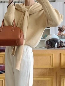 DAZY 2pcs Set Women Solid Crew Neck Pullover Sweater & Poncho Top,Fall Clothes - Ginger - View 7