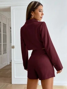 SHEIN EZwear Women Solid Color Front Button Long Sleeve Top And Mini Skirt Suit Set In Fall/Winter - Burgundy - View 2