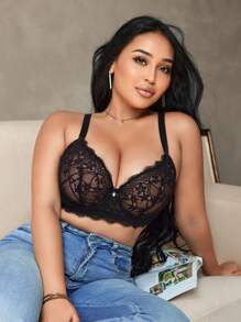 DesireSculpt Plus Size Lace Elegant Supportive & Up Lift Underwire Bra, Comfortable See-Through Design, Single Pack Lingerie - Black - View 4
