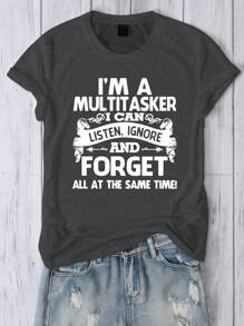 INAWLY 春夏季时尚口号印花酷炫休闲 T 恤我是一个多面手我可以同时倾听、忽略和忘记所有图形 T 恤女式上衣 - 深灰色 - 查看 1