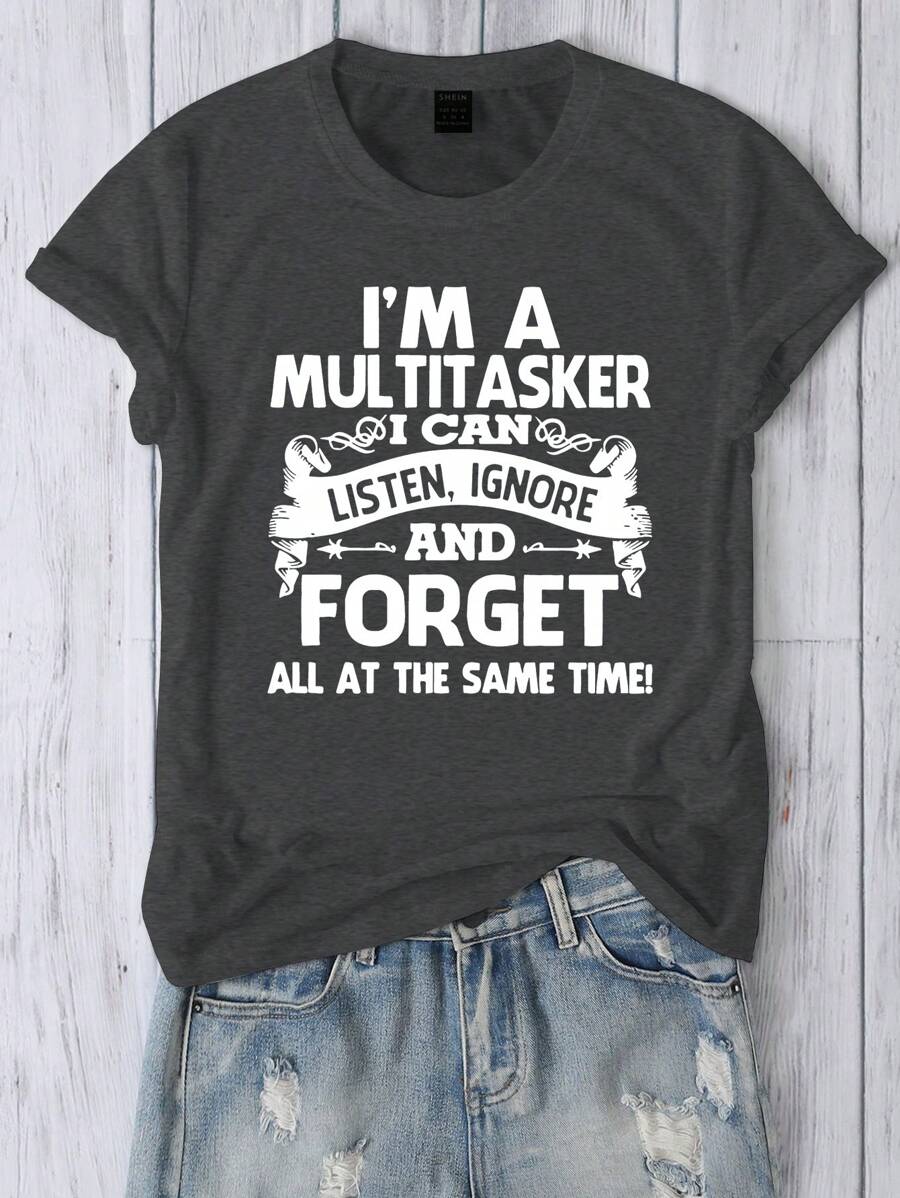 INAWLY 春夏季时尚口号印花酷炫休闲 T 恤我是一个多面手我可以同时倾听、忽略和忘记所有图形 T 恤女式上衣 - 深灰色 - 查看 1