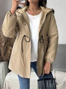 SHEIN Maternity Winter Pregnant Women Long Sleeve Coat, Hooded Button Outerwear - Brown - View 9