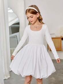 SHEIN Tween Girls Fashionable Solid White Color Ballet Style Round Neck Long Sleeve Mini Puffy Dress, Suitable For Christmas Party, School Event, Fall Winter Dress - White - View 6